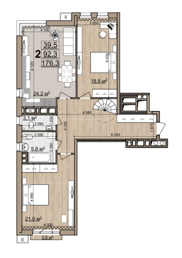 2-х комнатные апартаменты с террасой площадью 176.3м2